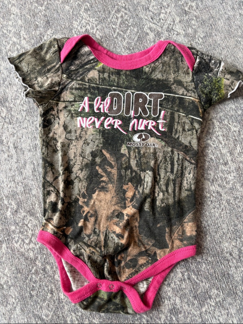 Mossy Oak Camo Baby One-Piece with Pink Trim and Slogan